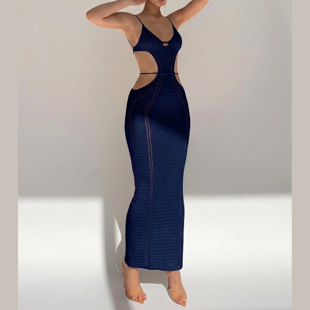 Navy Blue Knit Cutout Spaghetti Strap Slim Fit Maxi Dress